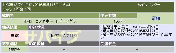 コメダホールディングス(3543)IPO 抽選結果