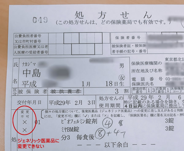 ジェネリック医薬品に変更不可の処方せん