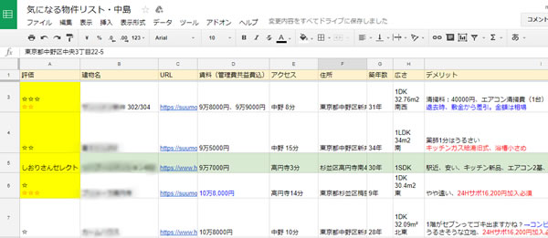 同棲前に内見したい物件リストをつくった