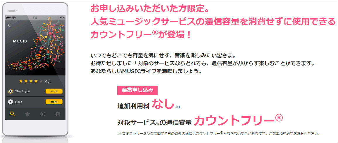 OCNモバイルONEのMUSICカウントフリー