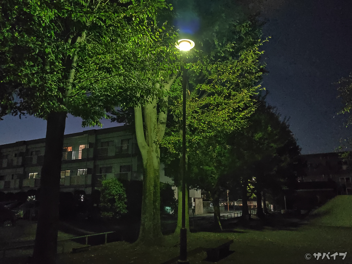 OPPO Reno Aのカメラで夜の公園を夜間モードで撮影