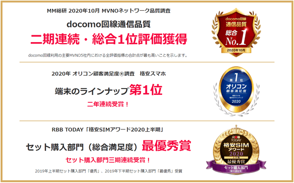 OCNモバイルONEは、二期連続でドコモ回線通信品質の総合1位を獲得