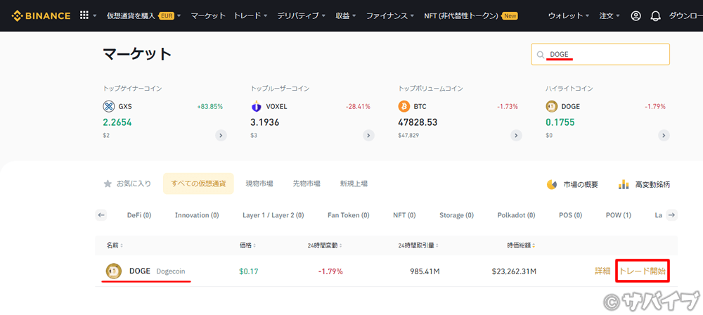 バイナンスでUSDTからDOGEを購入する手順①