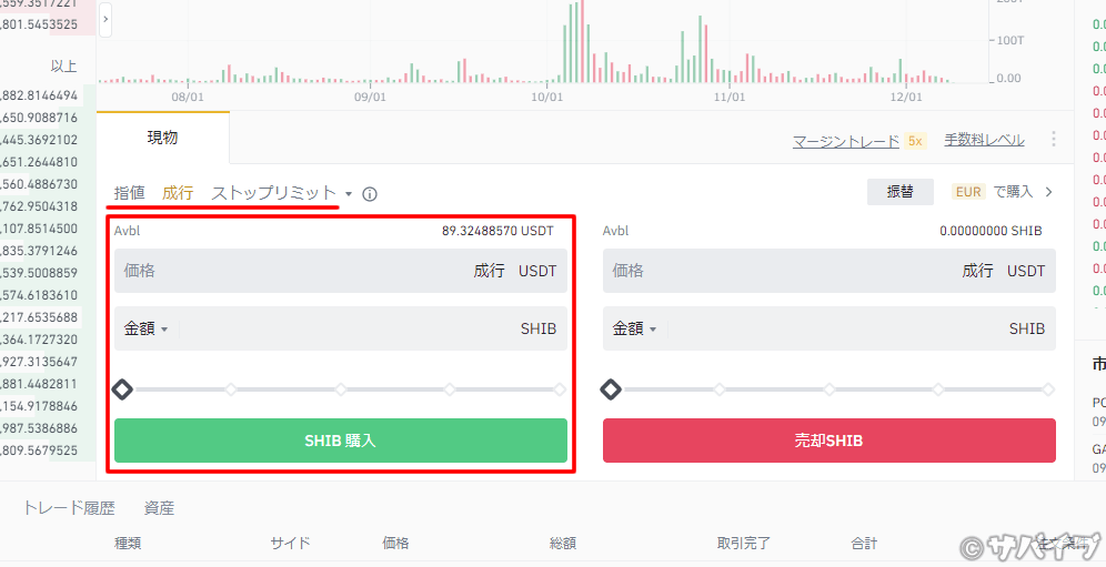 バイナンスでUSDTでSHIBを購入する手順3