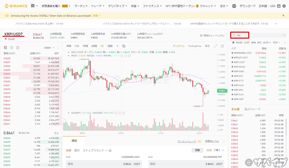 バイナンスでXRPでUSDTを購入する手順2