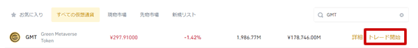 バイナンスのマーケットから「GMT」を選択