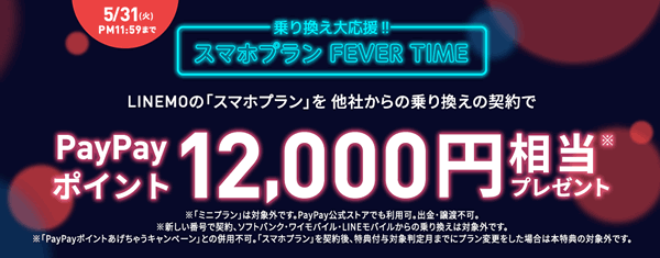 LINEMOフィーバータイム2022年5月26~31日スマホプランで1万2000円相当もらえる