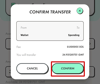 STEPNでWalletからSpendingにGMTを送る確認画面