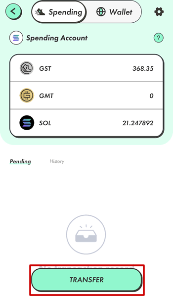STEPNのSpendingアカウントで「TRANSFER」をタップする