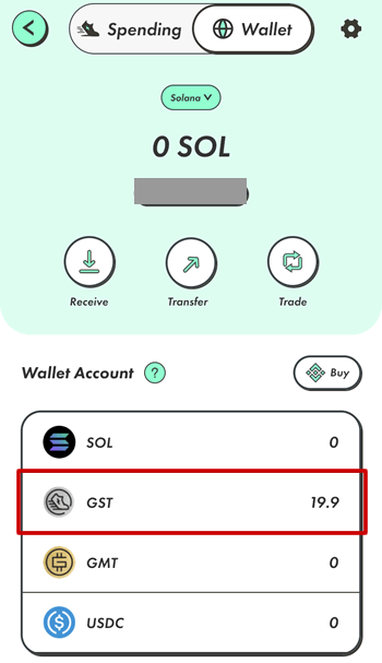 STEPNのWallet画面。GSTが入っている