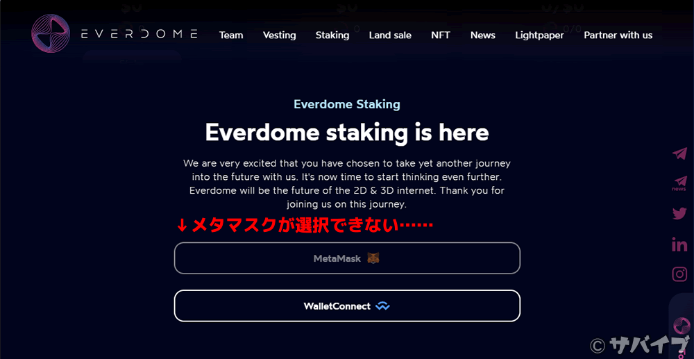 エバードームの公式サイトでメタマスクを接続できないキャプチャ