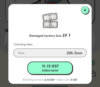 STEPNのレベル1のミステリーボックスを開封するには、通常48時間（2日間）かかるが、ブースト機能を使うと即開封できる。画像の下部にBoosting service（ブースト機能）にかかる費用が表示されている