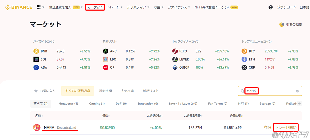 バイナンスでUSDTでMANAを購入する手順1