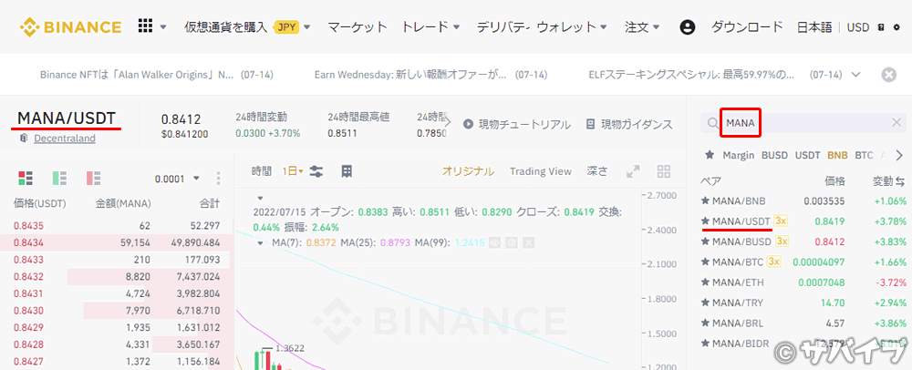 バイナンスでUSDTでMANAを購入する手順2