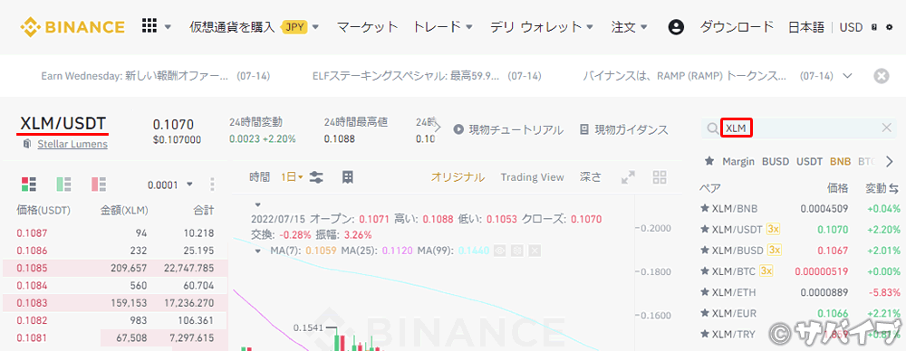 バイナンスでXLMでUSDTを購入する手順2
