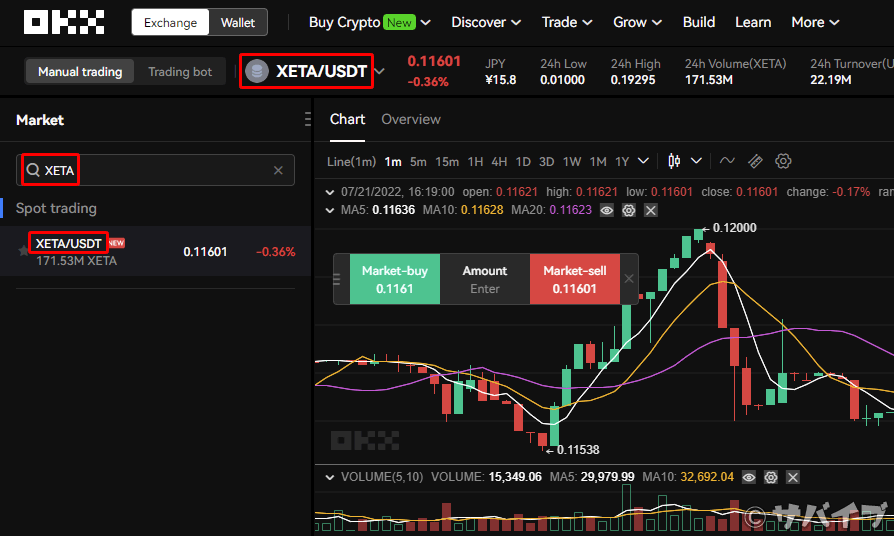 OKXでUSDTからXETAを購入する手順1