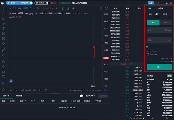 bitbankの「ASTR／JPY」の取引画面