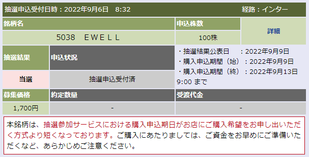 大和証券でeWeLLが当選