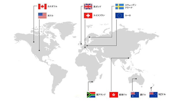 ソニー銀行の対象通貨と地図